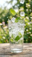 Refreshing mint mojito with ice cubes splashing in glass on wooden table with green bokeh background for summer cocktail and beverage concepts.