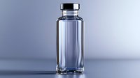 Clear glass medical vial with silver cap on gradient background for pharmaceutical packaging and healthcare applications.