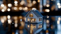 Miniature white house model with glowing windows reflected on mirror surface against blurred bokeh lights creating magical cozy atmosphere.