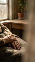 Elderly hands resting on cozy knit blanket in warm sunlit room with houseplant and wooden desk creating peaceful home atmosphere for relaxation and comfort.