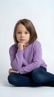 Young girl in purple sweater sitting cross-legged with thoughtful expression on white background. Casual children portrait for education and family concepts.