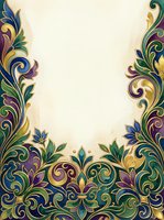 Ornate decorative border featuring vibrant scrollwork and floral elements in gold, purple, blue, and green on cream background, suitable for invitations, certificates, and design projects.