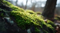 Close-up of vibrant green moss covering tree bark in forest, shallow depth of field with blurred woodland background. Nature texture for environmental and botanical design projects.
