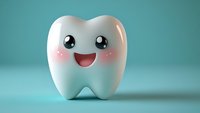 Cute cartoon tooth character with happy kawaii face expression and rosy cheeks on mint green background, dental care concept for children's dentistry.