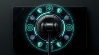Gavel surrounded by glowing neon law symbols and scales of justice on dark background, representing legal system, court decisions, and digital law technology.