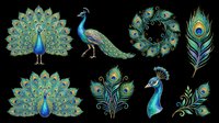 Colorful peacock clipart set with feathers, wreaths, and full birds isolated on transparent background, ready for t-shirt design, stickers, sublimation, and print on demand.