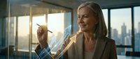 Professional businesswoman using futuristic holographic interface technology in modern office with city skyline background at sunset.
