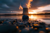 Nuclear power plant cooling tower emitting steam against dramatic sunset sky, reflected in lake water with rocks and golden bokeh in foreground.