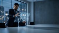Professional businessman interacting with futuristic holographic interface technology in modern office environment during evening hours.