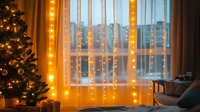 Cozy winter evening with decorated Christmas tree and glowing fairy lights by window, creating warm atmosphere against city backdrop at dusk.