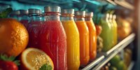 Colorful array of fresh fruit juices in glass bottles on refrigerated shelf with citrus fruits, perfect for healthy lifestyle marketing.
