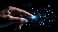 Finger touching glowing point with magical blue particles and light scatter effect on dark background, concept of digital transformation and innovation.
