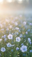 Delicate blue flax flowers blooming in soft morning sunlight with dreamy bokeh background creating peaceful natural garden atmosphere.