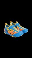 Colorful kids water sandals in blue, orange, and yellow isolated on transparent background, ready for T-shirts, stickers, clipart, and print on demand use.