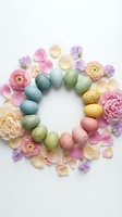 Easter wreath made of colorful speckled eggs and spring flowers with petals on white background for holiday decorations and seasonal celebrations.