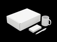 White corporate gift set with box, mug, notepad, and pen isolated on transparent background. Ready for branding mockups, print on demand, and sticker design use.