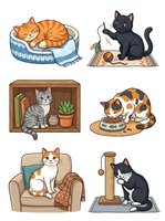 Ginger cat sleeping in cozy bed, black cat playing with toys, tabby cat in wooden shelf, calico cat eating from bowl, orange and white cat on armchair, black and white cat with scratching post.