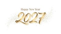 Happy New Year 2027 greeting with gold metallic numerals and scattered sparkle particles on white background, suitable for holiday cards and festive celebrations.