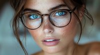 Young Caucasian woman with striking blue eyes wearing round glasses frames, natural makeup, and messy updo hairstyle against soft blurred background. Beauty portrait closeup.