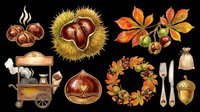 Chestnut harvest collection with autumn leaves, roasted nuts, vintage cart, wreath, and dining utensils isolated on transparent background. Ready for t-shirt designs, clipart, stickers, and print-on-demand products.