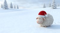 Fluffy sheep wearing red Santa hat standing in snowy winter landscape with frost-covered evergreen trees, festive holiday season decoration for greeting cards and seasonal marketing.