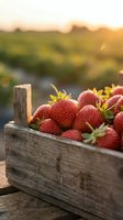 Fresh ripe strawberries in rustic wooden crate at sunset with warm golden light and blurred countryside background for organic farming concepts.