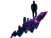 Businessman standing on rising cosmic chart arrow against city skyline silhouette with purple galaxy texture overlay, representing success and growth.