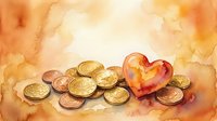 Watercolor painting of golden coins and a colorful heart on warm orange background, symbolizing love, wealth, and financial generosity.