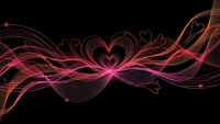 Abstract flowing lines form heart shapes with vibrant pink and orange gradients on black background for romantic design projects.