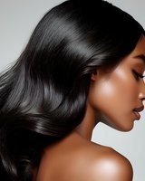 Young African American woman with glossy black wavy hair in profile view against light background, showcasing healthy, luxuriant hair texture and natural beauty makeup look.