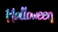 Colorful neon Halloween text glowing with vibrant electric lights on black background for spooky holiday decorations and party designs.