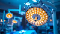 Modern operating room surgical light with multiple LED bulbs in circular pattern, illuminating medical facility in blue tones, healthcare technology concept.