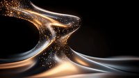 Abstract flowing silver and gold light streams with glowing particles against black background create dynamic modern art composition for luxury design projects.
