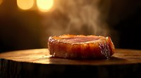 Juicy grilled beef steak with steam rising on wooden cutting board against dark background with golden bokeh lights, close up view of medium rare meat.