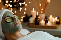 Young woman relaxing with green clay facial mask in spa setting with warm candles and bokeh lights creating peaceful wellness atmosphere.