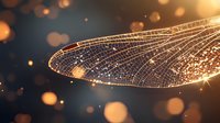 Delicate dragonfly wing with intricate vein pattern illuminated by golden bokeh lights and morning dew drops, creating magical natural macro photography effect.