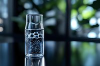 Clear glass water bottle with bubbles and reflections against blurred natural background, minimalist composition capturing freshness and purity in modern design.