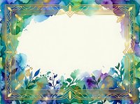 Ornate golden frame with watercolor floral botanical elements in vibrant blue, purple, green tones on isolated white background. Perfect for invitations, cards, posters.