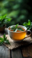 Fresh mint tea in white ceramic cup garnished with green leaves on rustic burlap and wooden surface, moody dark background with selective focus.