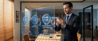 Professional businessman in suit interacting with holographic digital interface displaying security icons in modern office environment for technology presentations.