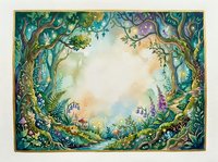 Enchanted forest frame with twisted trees, ferns and magical flowers creating natural border for fairy tale stories and fantasy designs.