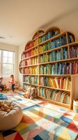 Cozy children's library room with rainbow-organized bookshelf, colorful geometric rug, and soft seating for reading and learning activities.