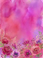 Watercolor floral background with pink and purple blooms, gold accents, and vibrant magenta wash, perfect for greeting cards and invitations.