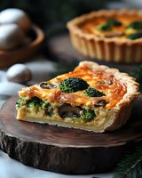 Savory vegetable quiche slice with broccoli and mushrooms on rustic wooden board, homemade pastry crust filled with eggs and cheese for breakfast or brunch menu.