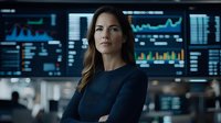Confident businesswoman in navy blue attire standing with crossed arms against background of digital trading screens and financial data displays in modern office.
