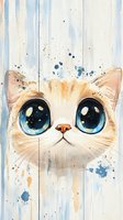 Watercolor cream cat face with big blue eyes and splatter effects on light background, artistic style for nursery art, greeting cards and wall decor.