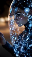 Young Asian woman with digital network projection mapping on face showing futuristic technology interface and artificial intelligence visualization.