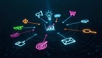 Digital marketing strategy concept with neon glowing icons radiating from central chart on dark background for business presentations and campaigns.