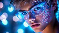Young woman in glasses with glowing blue neon lights and sparkly glitter makeup against dark background with bokeh effects, creating futuristic beauty portrait.