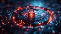 Glowing padlock surrounded by digital circuit rings in blue and orange colors with bokeh light effects, representing cybersecurity and data protection concept.